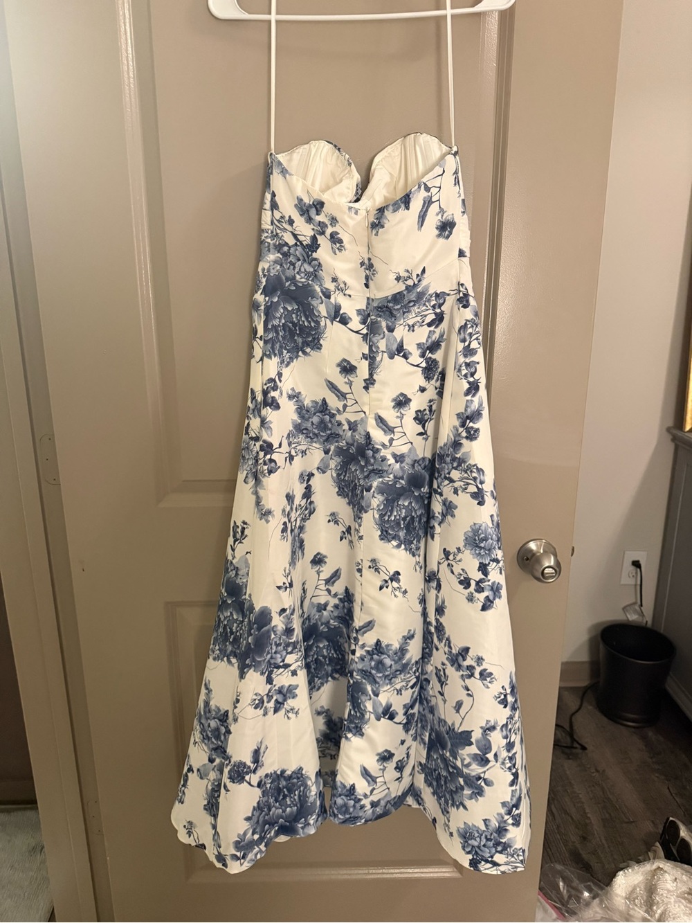 Jenny Yoo White Strapless Midi Dress with Blue Floral Print - Picture 3 of 4